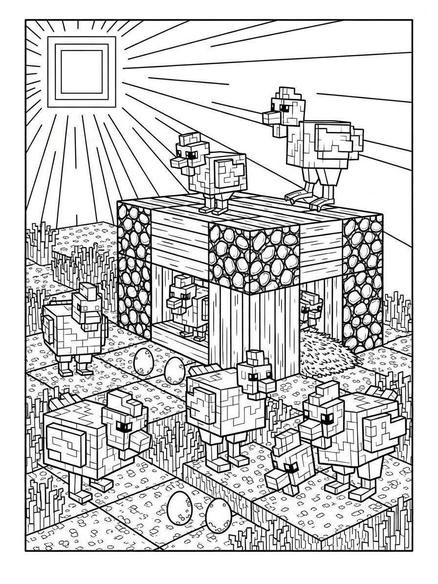 Desenho do Minecraft com galinhas e uma casa para colorir