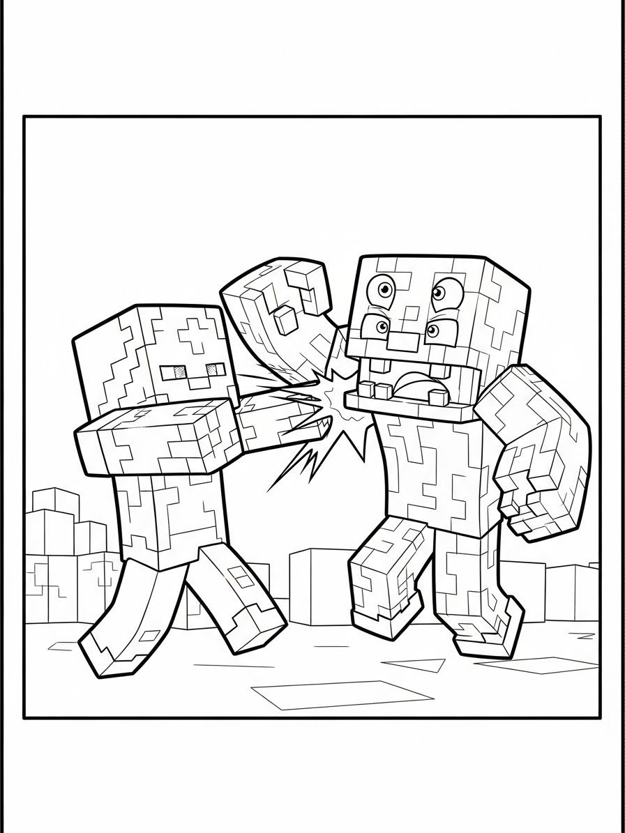 Desenho do Minecraft com dois personagens lutando para colorir