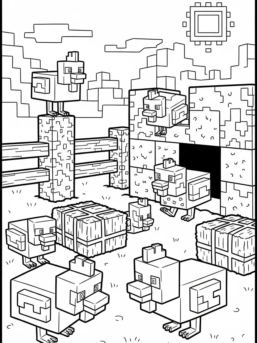Desenho do Minecraft com galinhas e cenoura para colorir