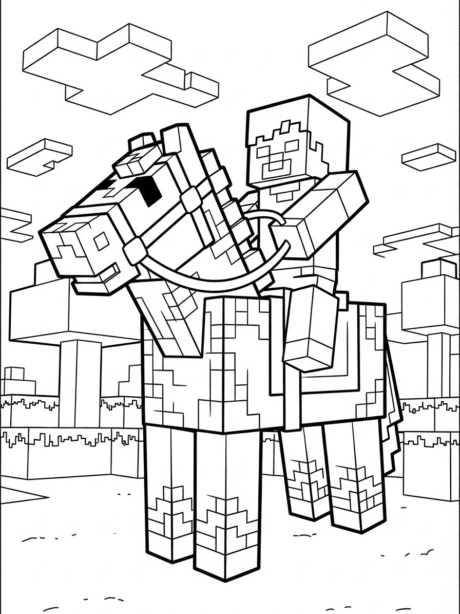 Desenho do Minecraft com personagem montando cavalo para colorir