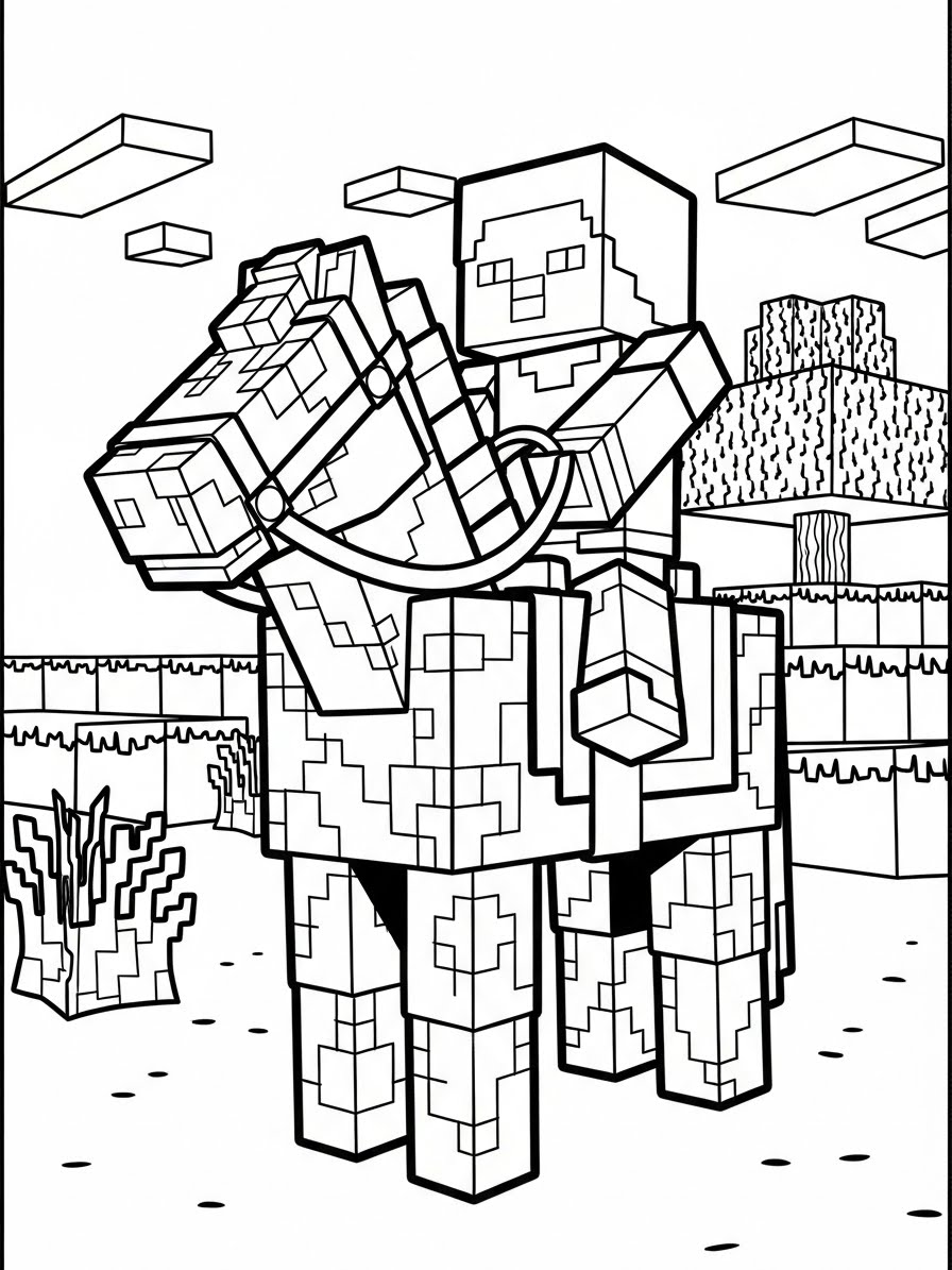 Desenho do Minecraft com personagem montado em cavalo para colorir