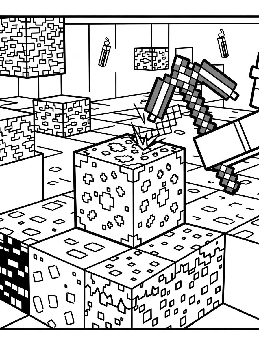 Desenho do Minecraft com personagem minerando bloco para colorir