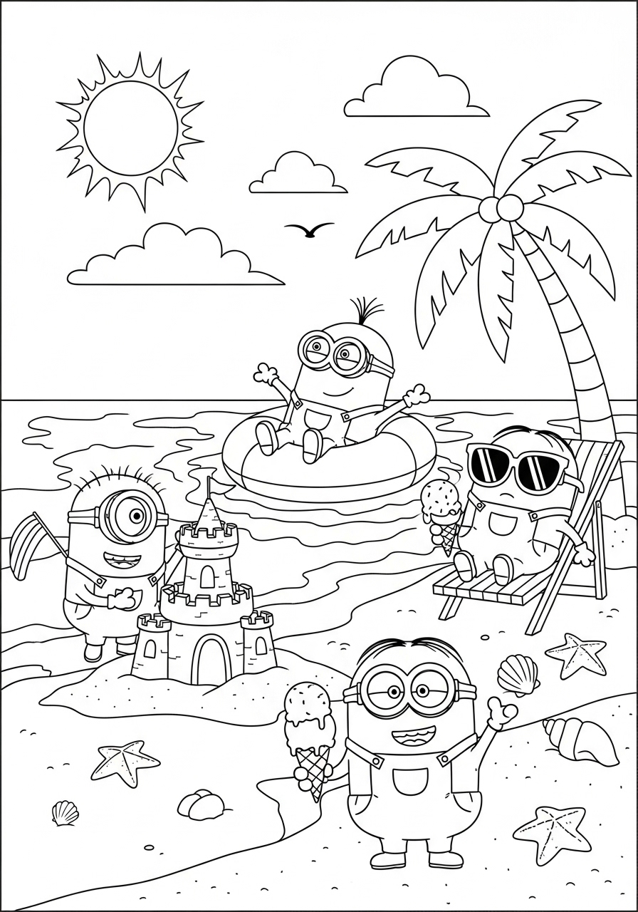 Desenho dos Minions na praia com sorvete e castelo de areia