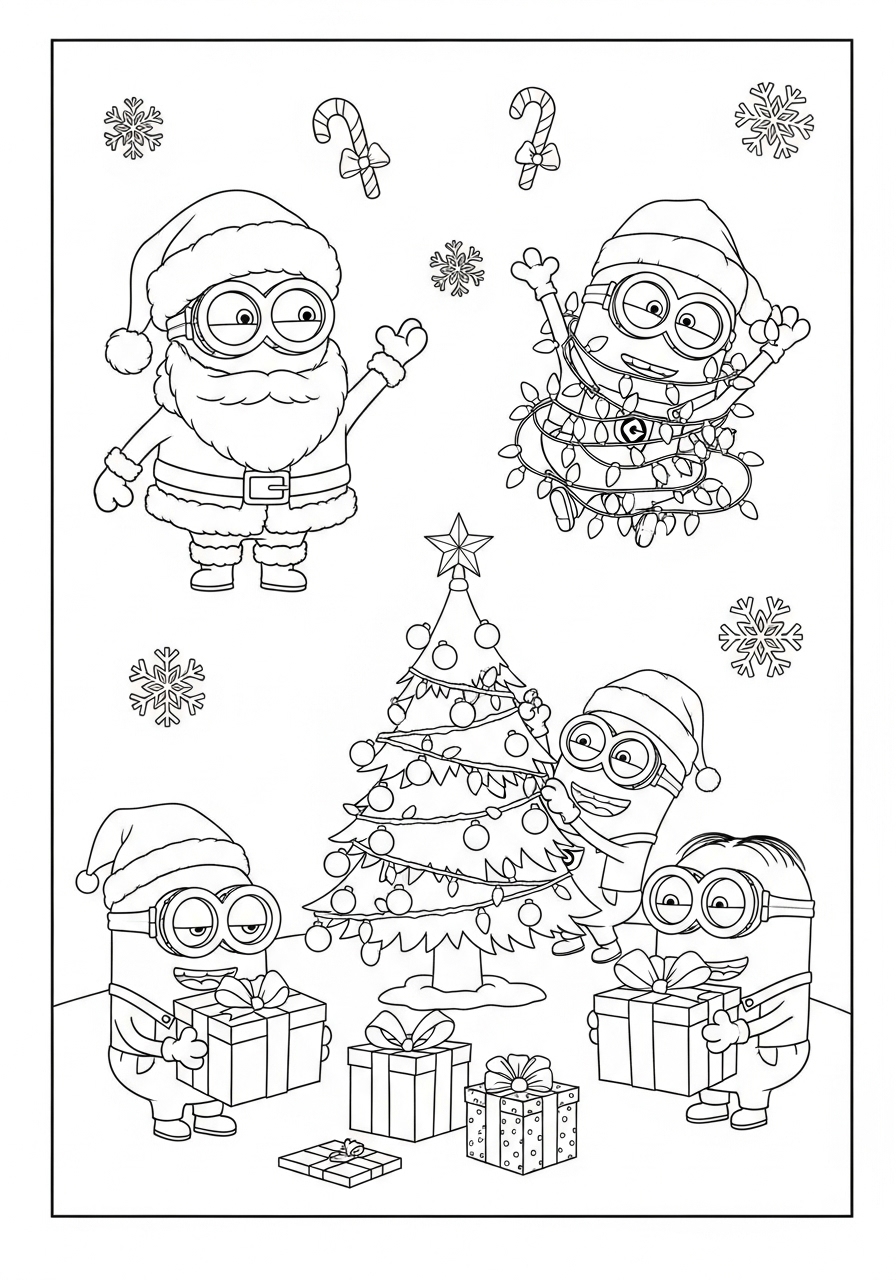 Desenho dos Minions decorando árvore de Natal para colorir