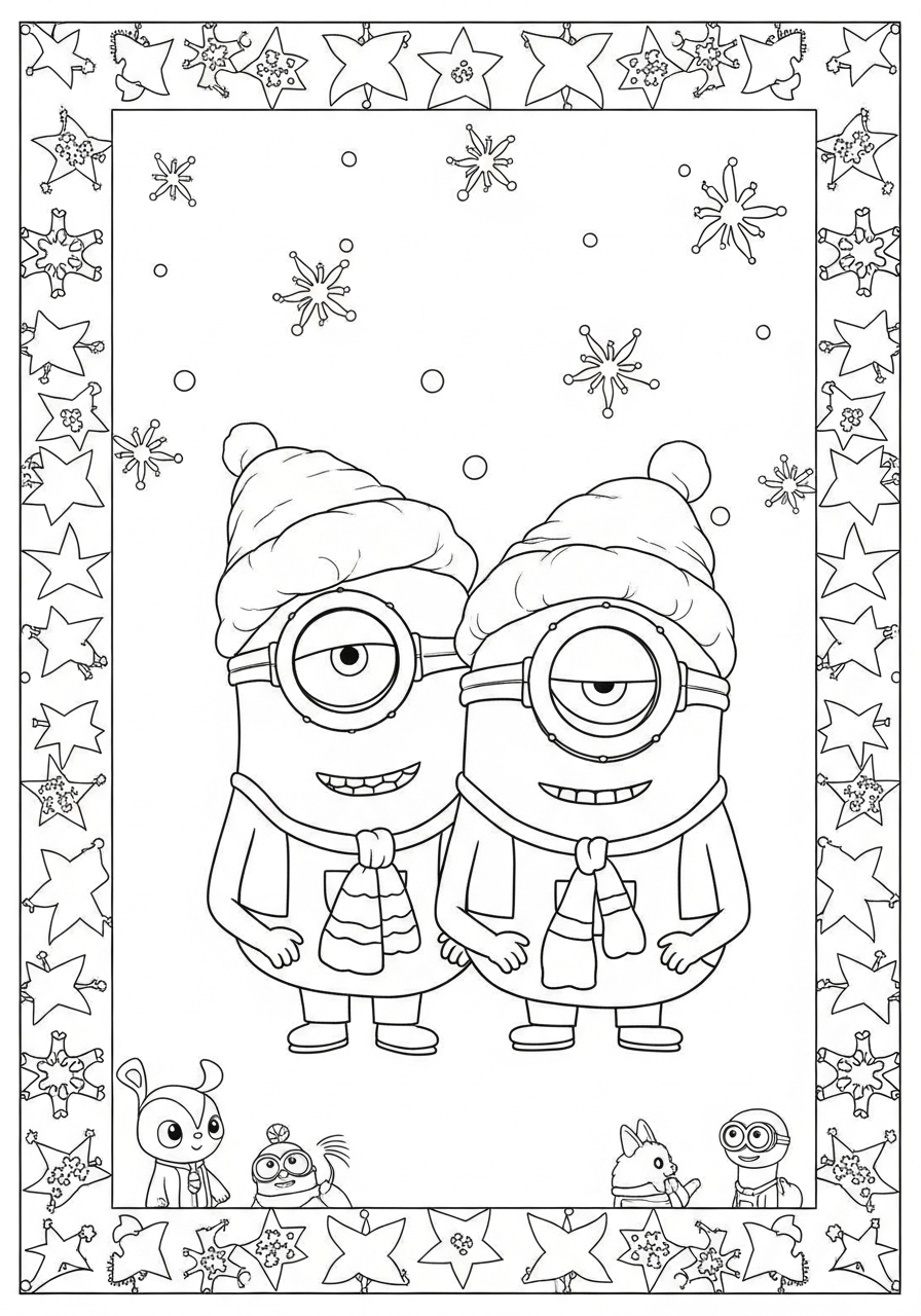 Desenho dos Minions com gorros de inverno para colorir