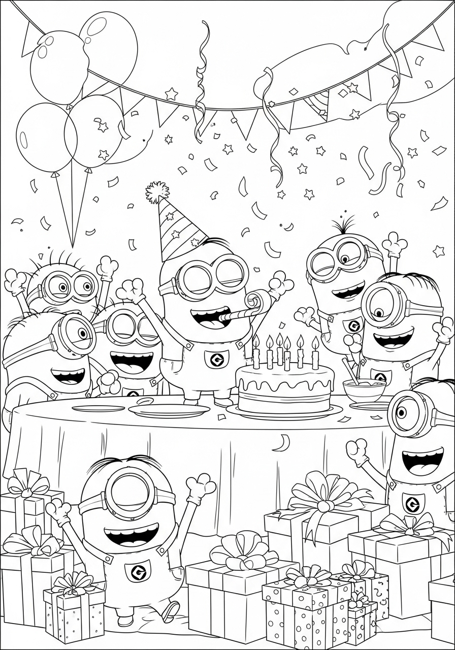 Desenho dos Minions em festa de aniversário para colorir