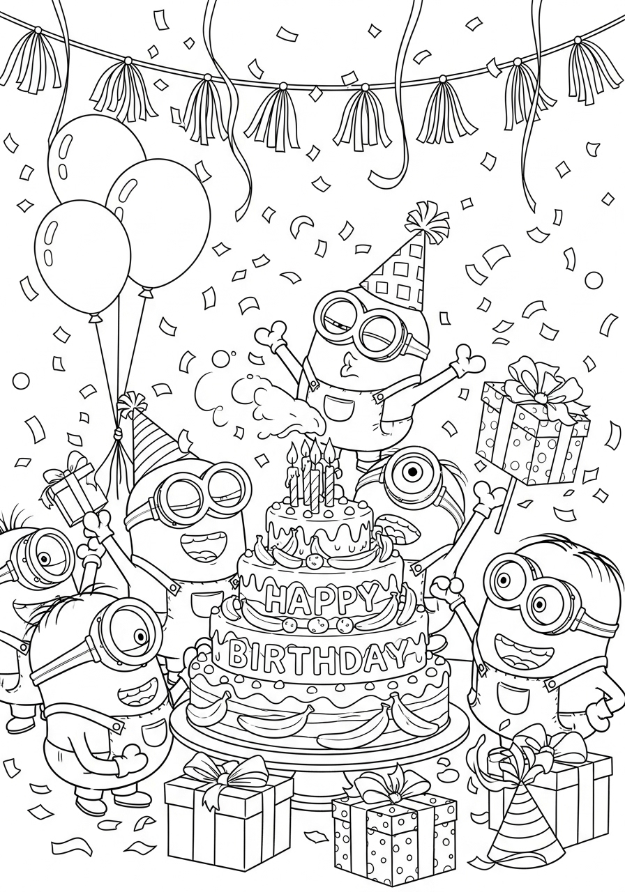 Desenho dos Minions com bolo de aniversário para colorir