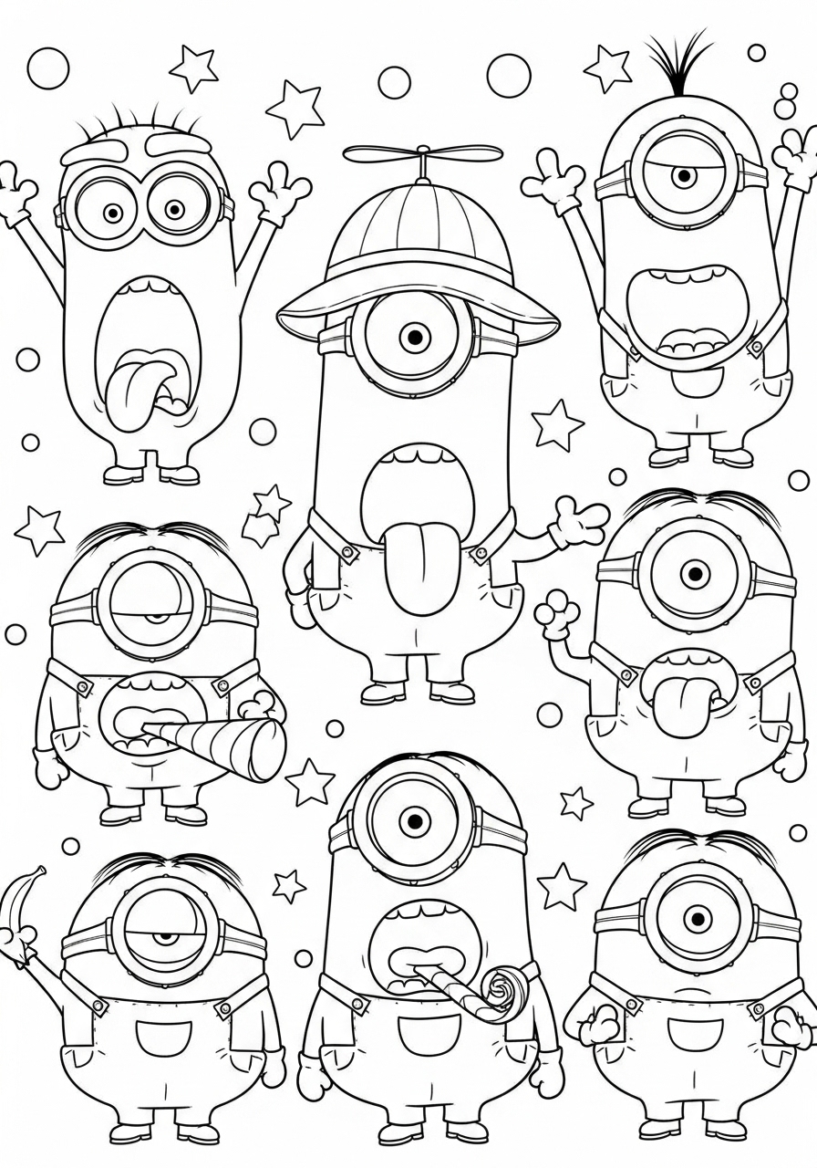 Desenho dos Minions fazendo caretas para colorir