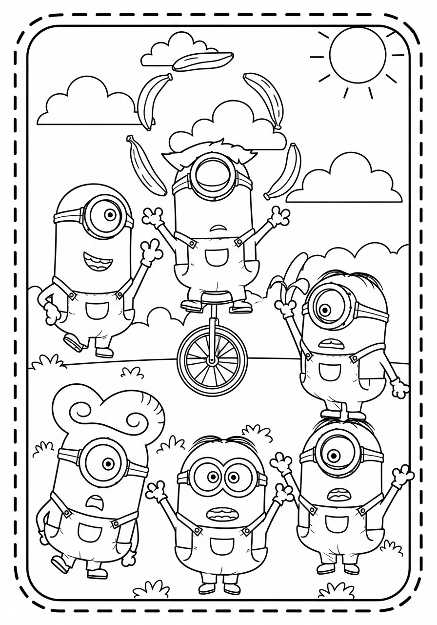 Desenho dos Minions brincando com bananas ao sol
