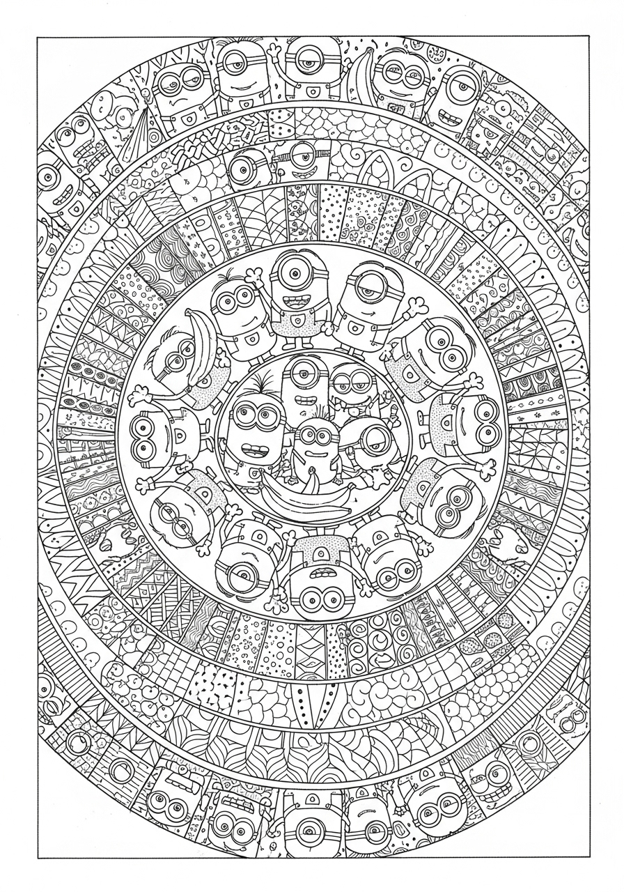 Desenho dos Minions com padrão circular para colorir