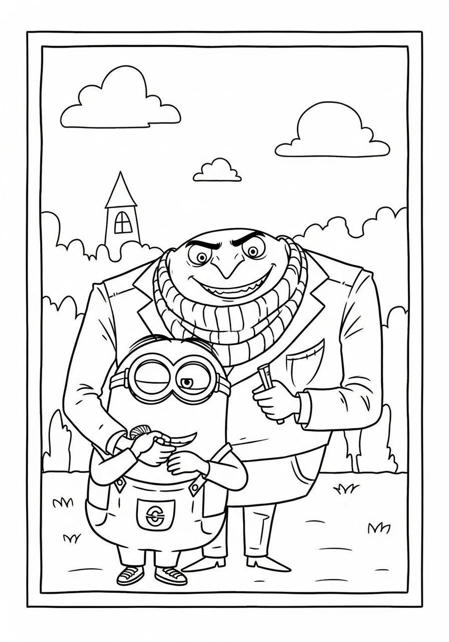 Desenho dos Minions com Gru em um jardim para colorir