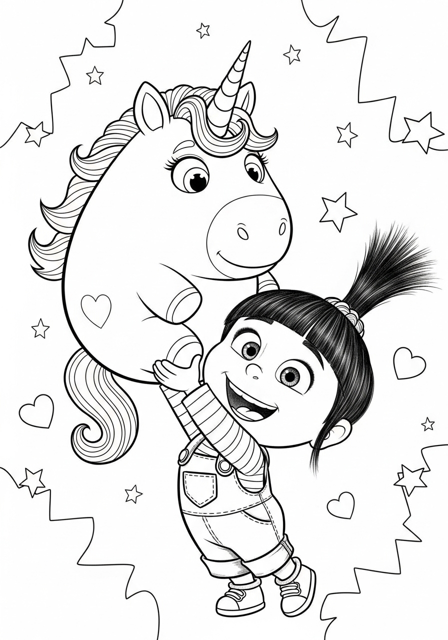 Desenho de menina feliz com unicórnio para colorir