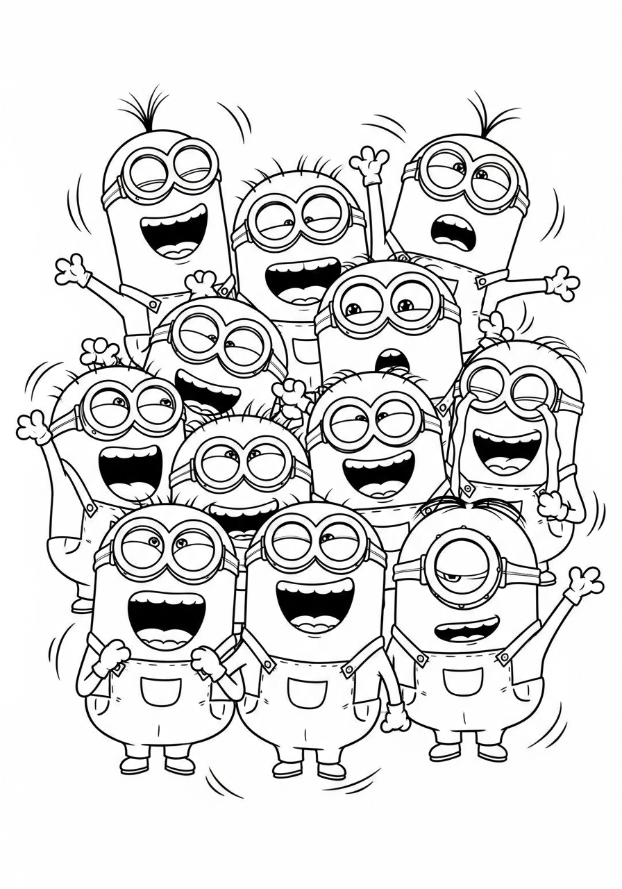 Desenho dos Minions rindo juntos para colorir