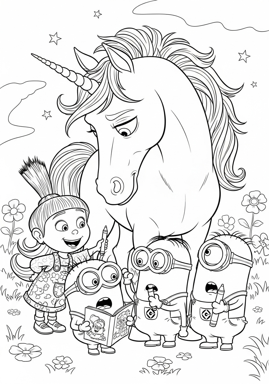 Desenho dos Minions e Agnes com unicórnio para colorir