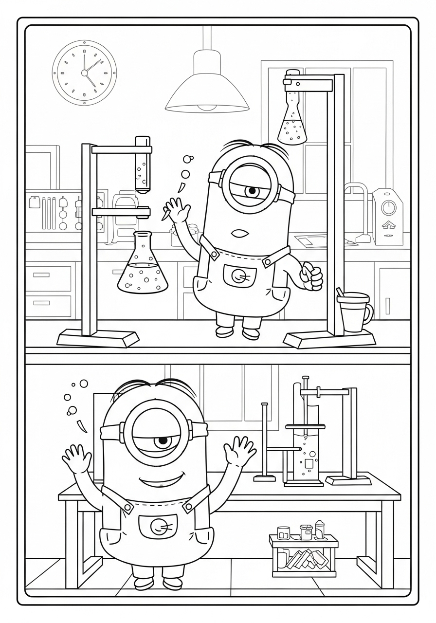 Desenho dos Minions fazendo experimento no laboratório