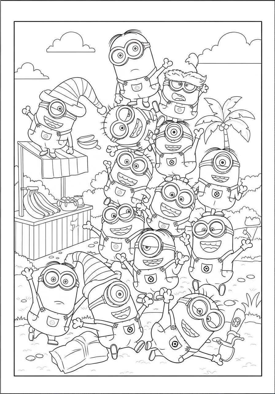 Desenho dos Minions felizes em uma pilha no jardim