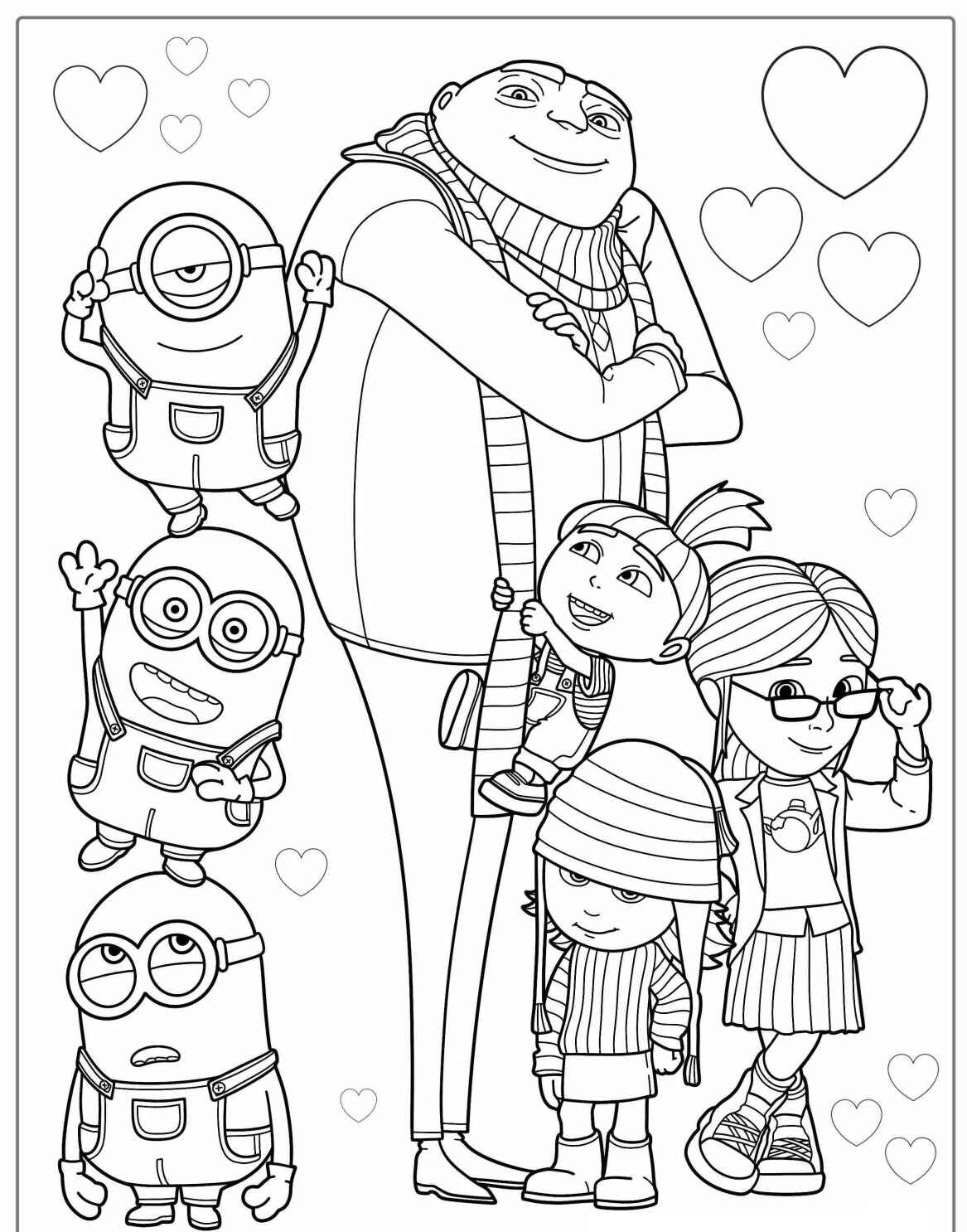 Desenho dos Minions e Gru com corações ao redor