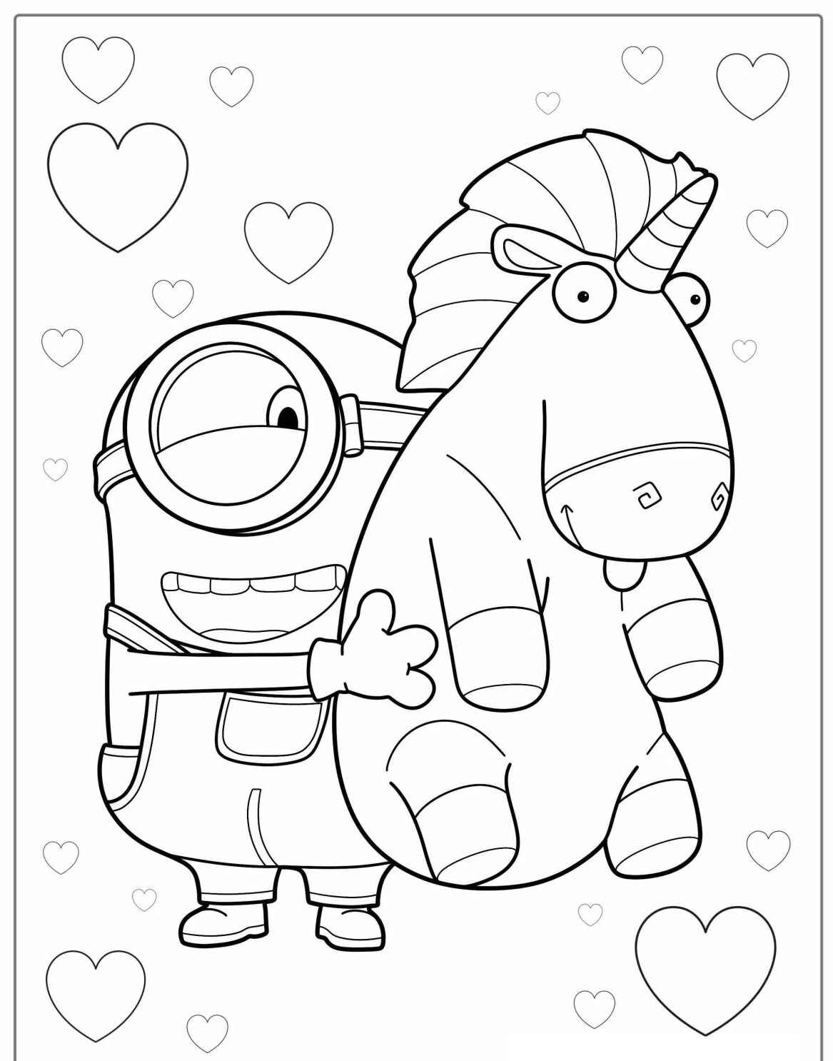 Desenho dos Minions segurando unicórnio para colorir