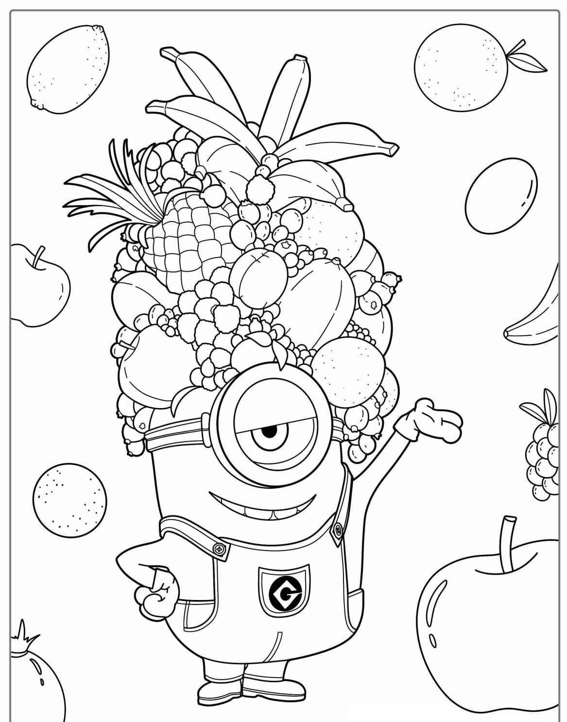 Desenho de Minion com frutas na cabeça para colorir