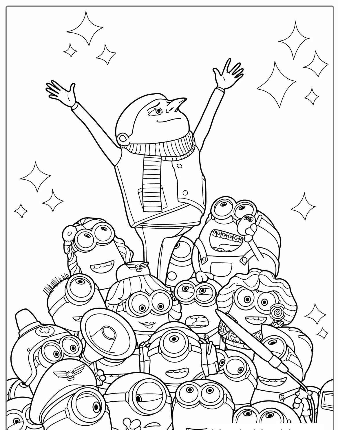 Desenho de Gru e Minions celebrando juntos