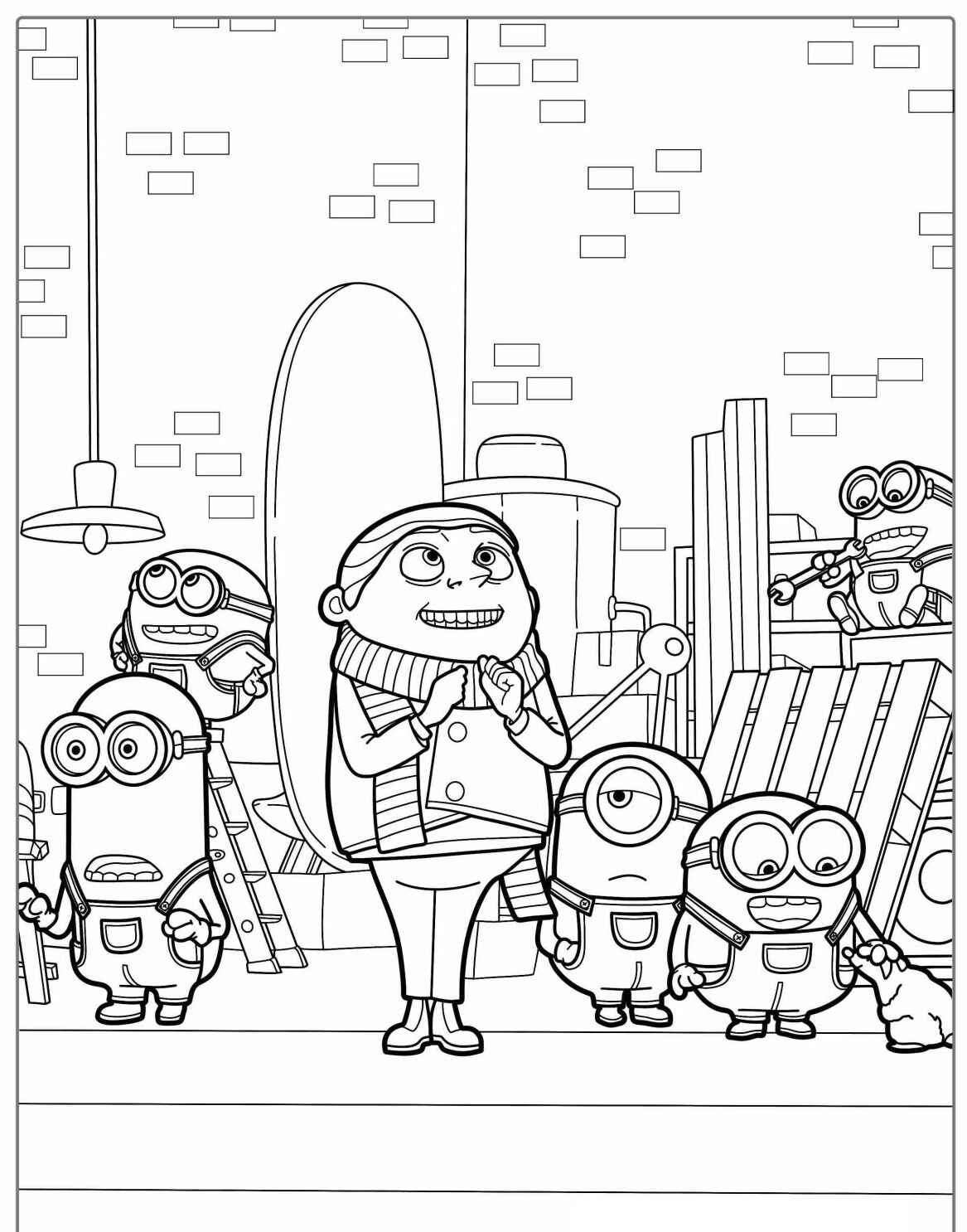 Desenho dos Minions e Gru ao ar livre prontos para colorir