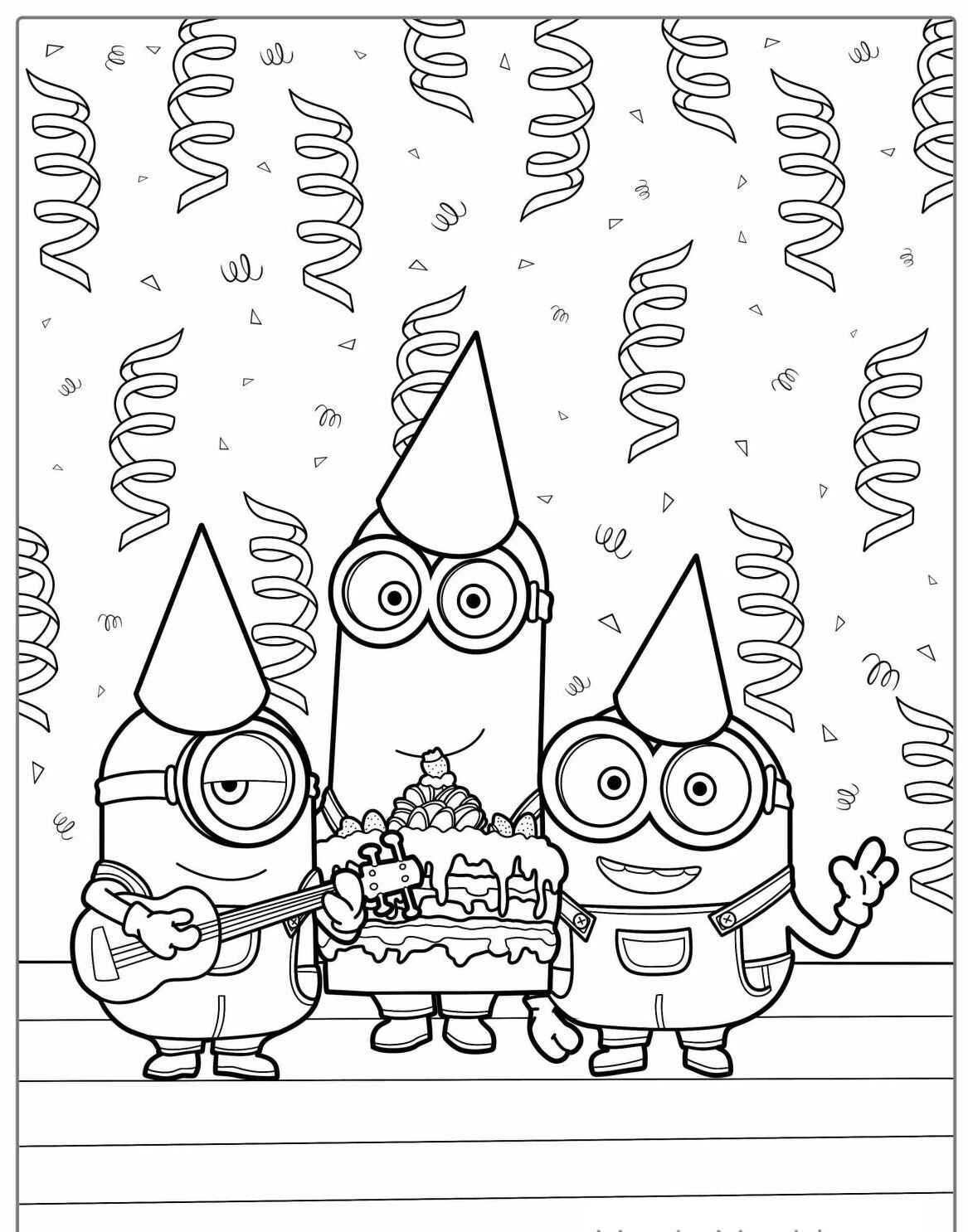 Desenho dos Minions com chapéus de festa para colorir