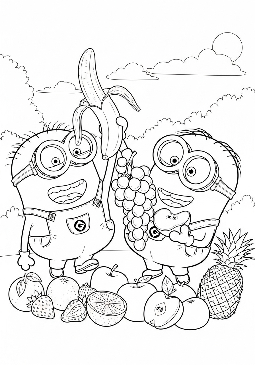 Desenho dos Minions com frutas para colorir