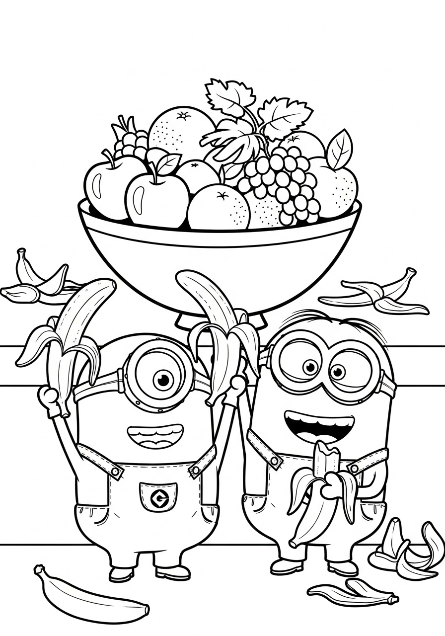 Desenho dos Minions com frutas e bananas para colorir