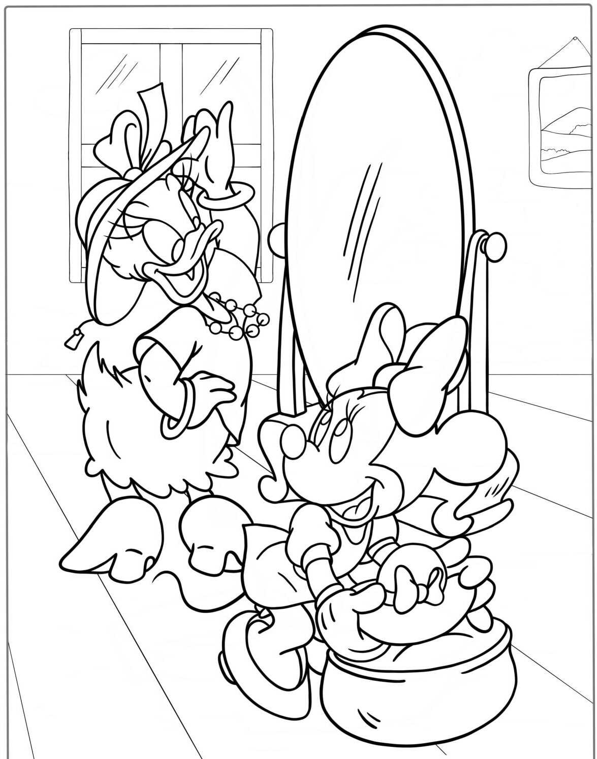 Desenho da Minnie e Margarida no espelho para colorir