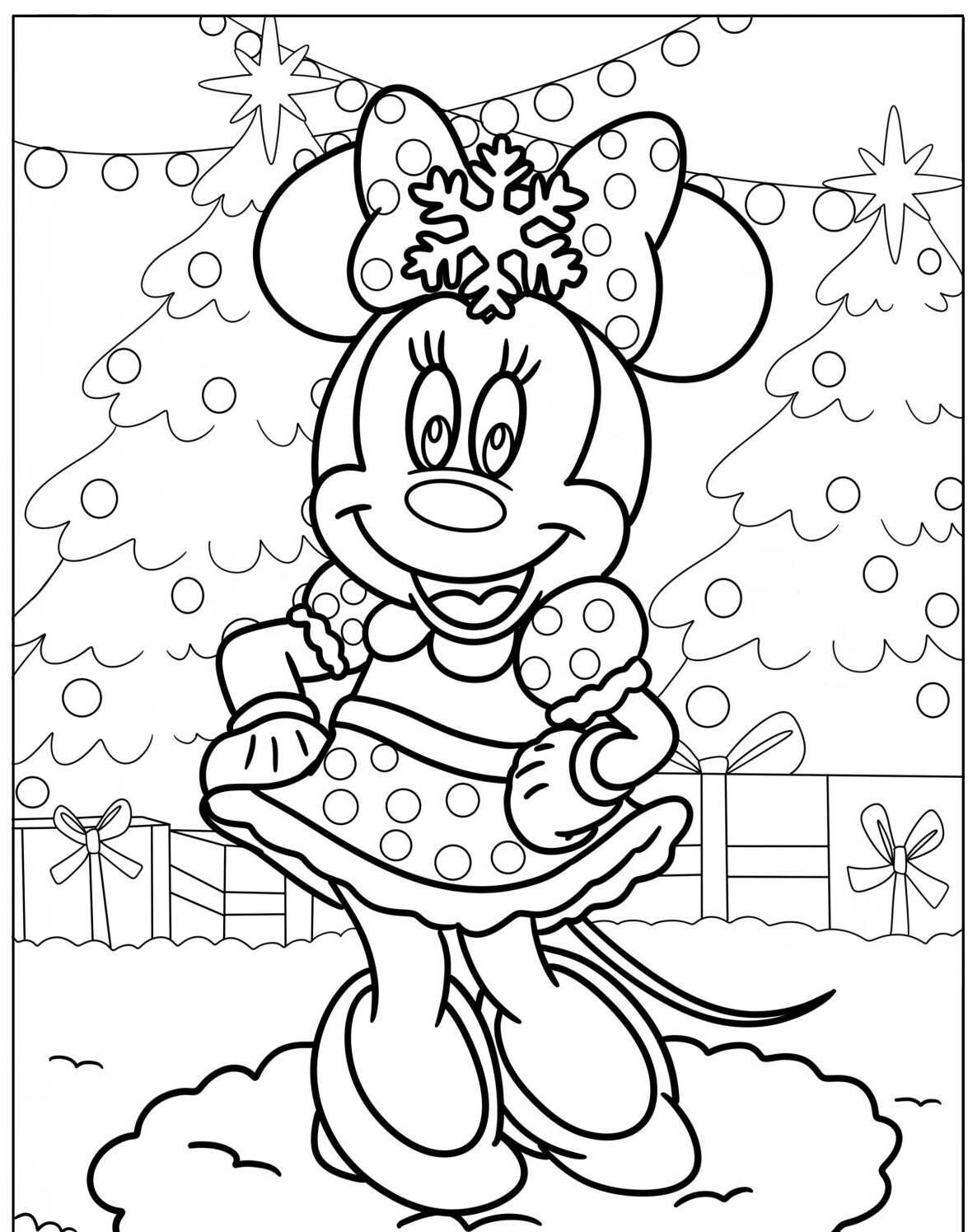 Desenho da Minnie em cenário natalino para colorir