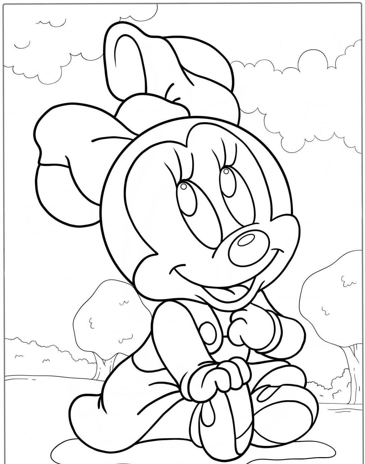 Desenho da Minnie sentada sorrindo para colorir