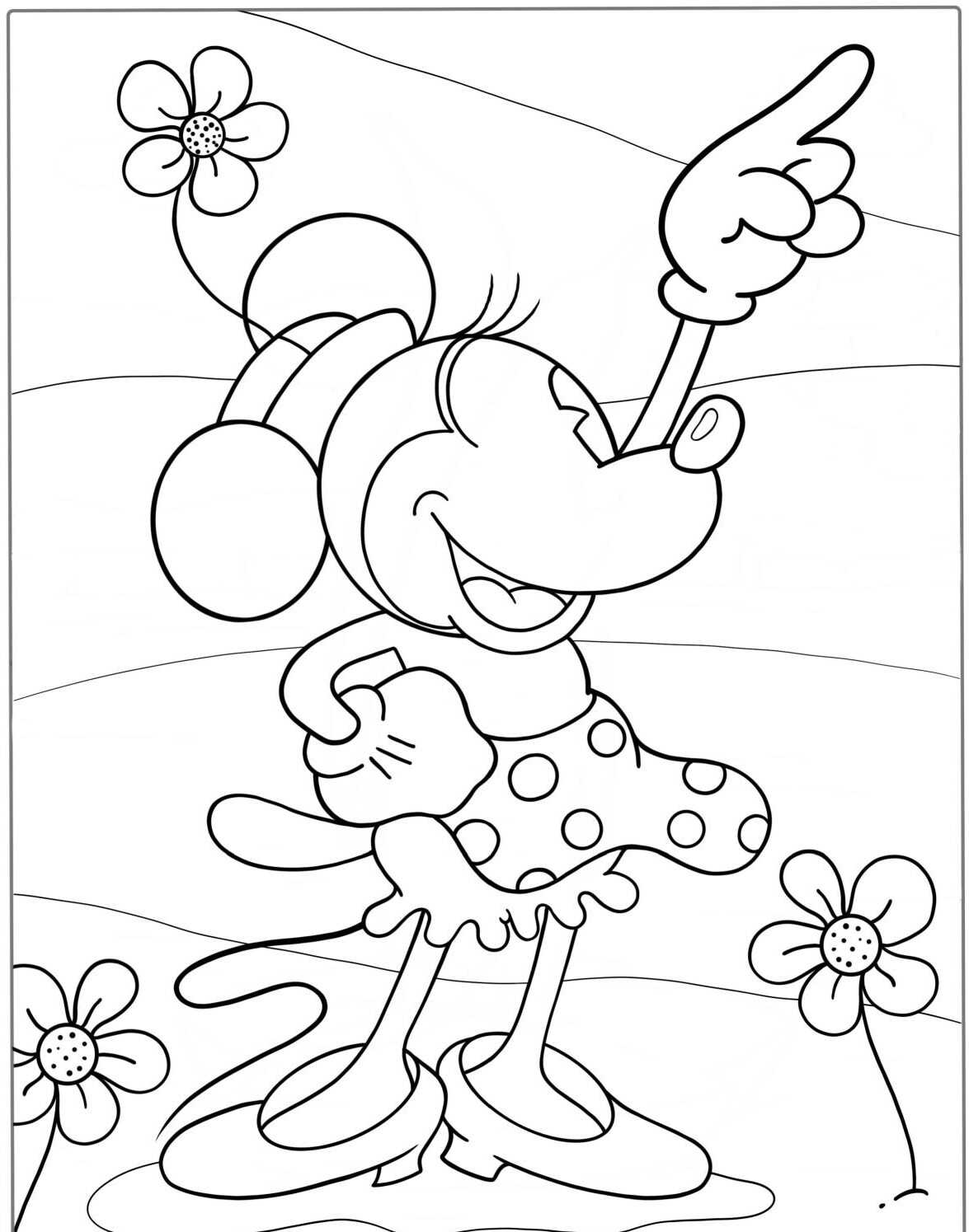 Desenho da Minnie sorrindo e apontando para colorir