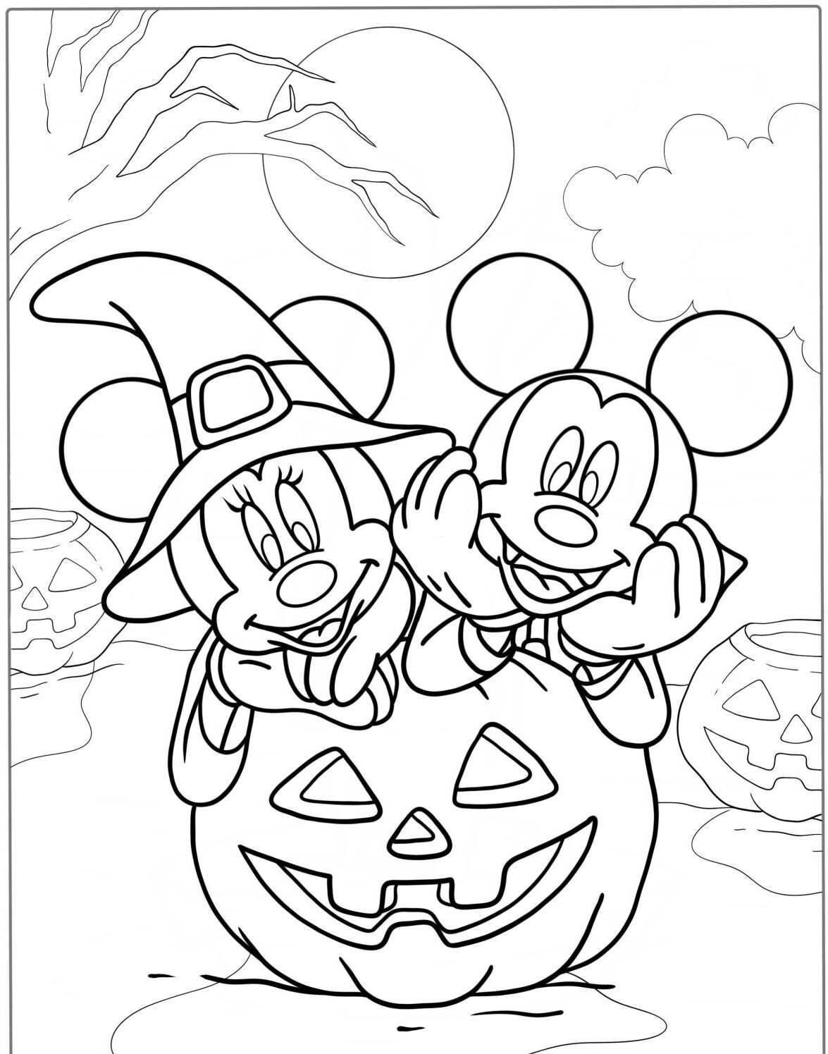 Desenho da Minnie e Mickey com abóbora para colorir
