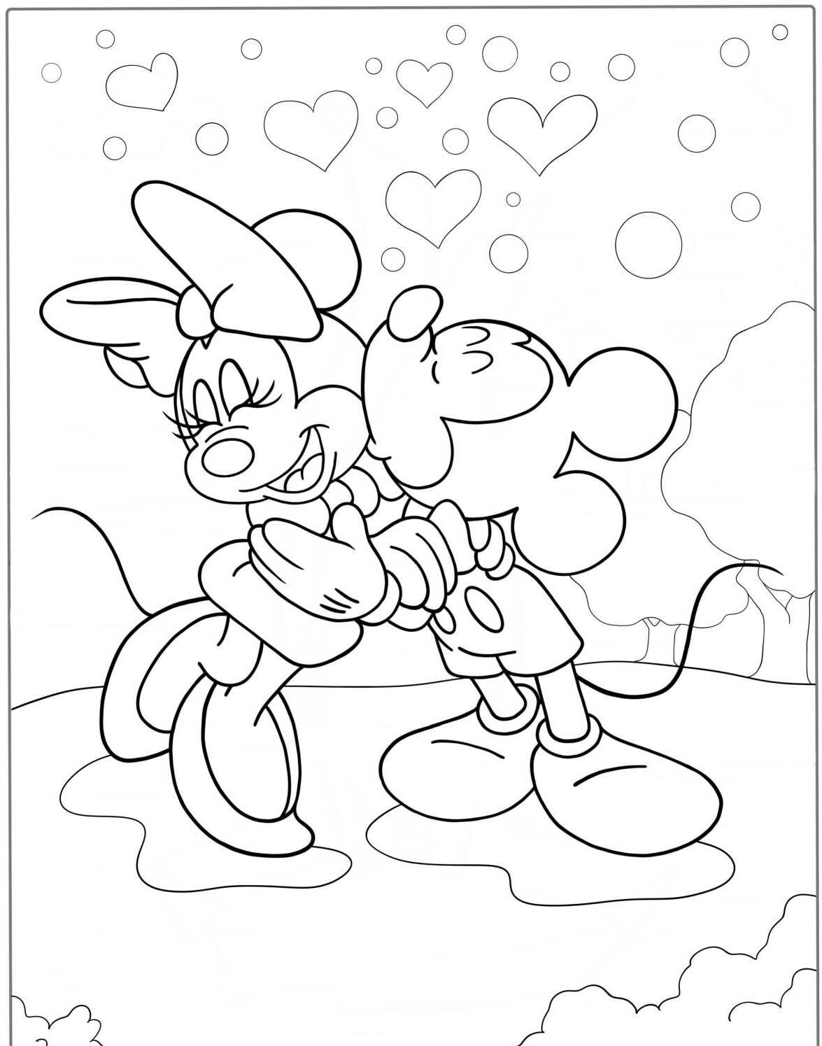 Desenho da Minnie e Mickey abraçados para colorir