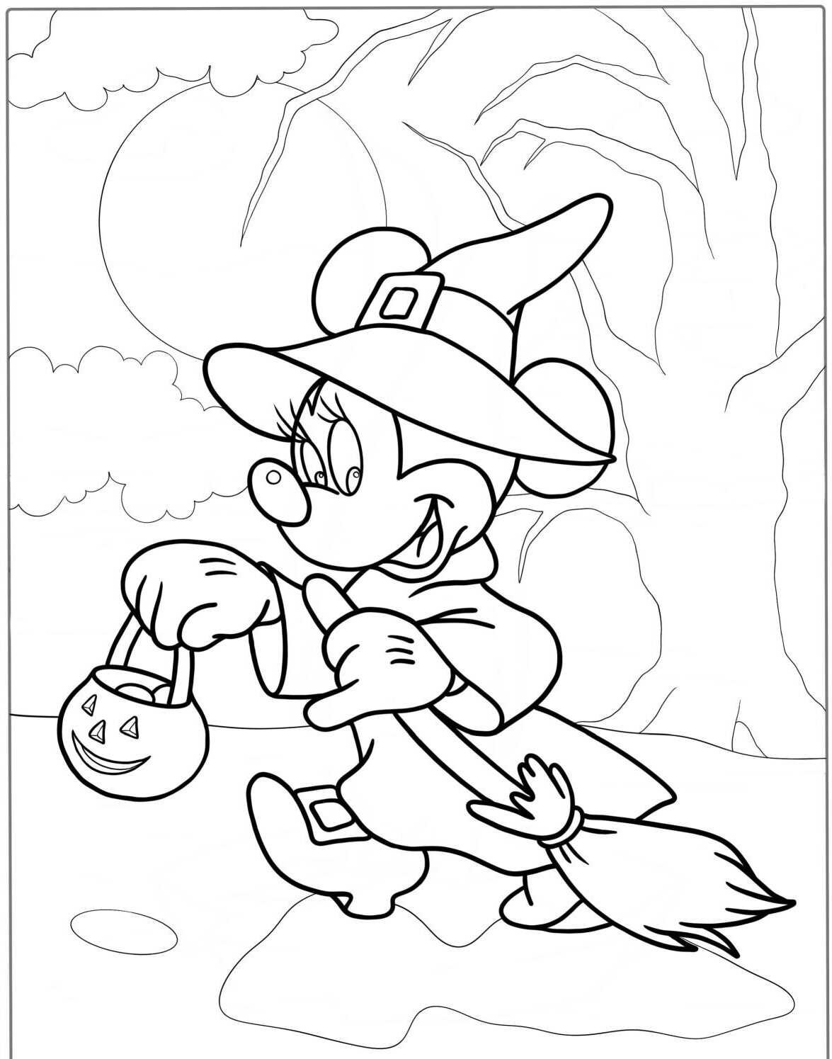 Desenho da Minnie bruxa com chapéu e abóbora para colorir
