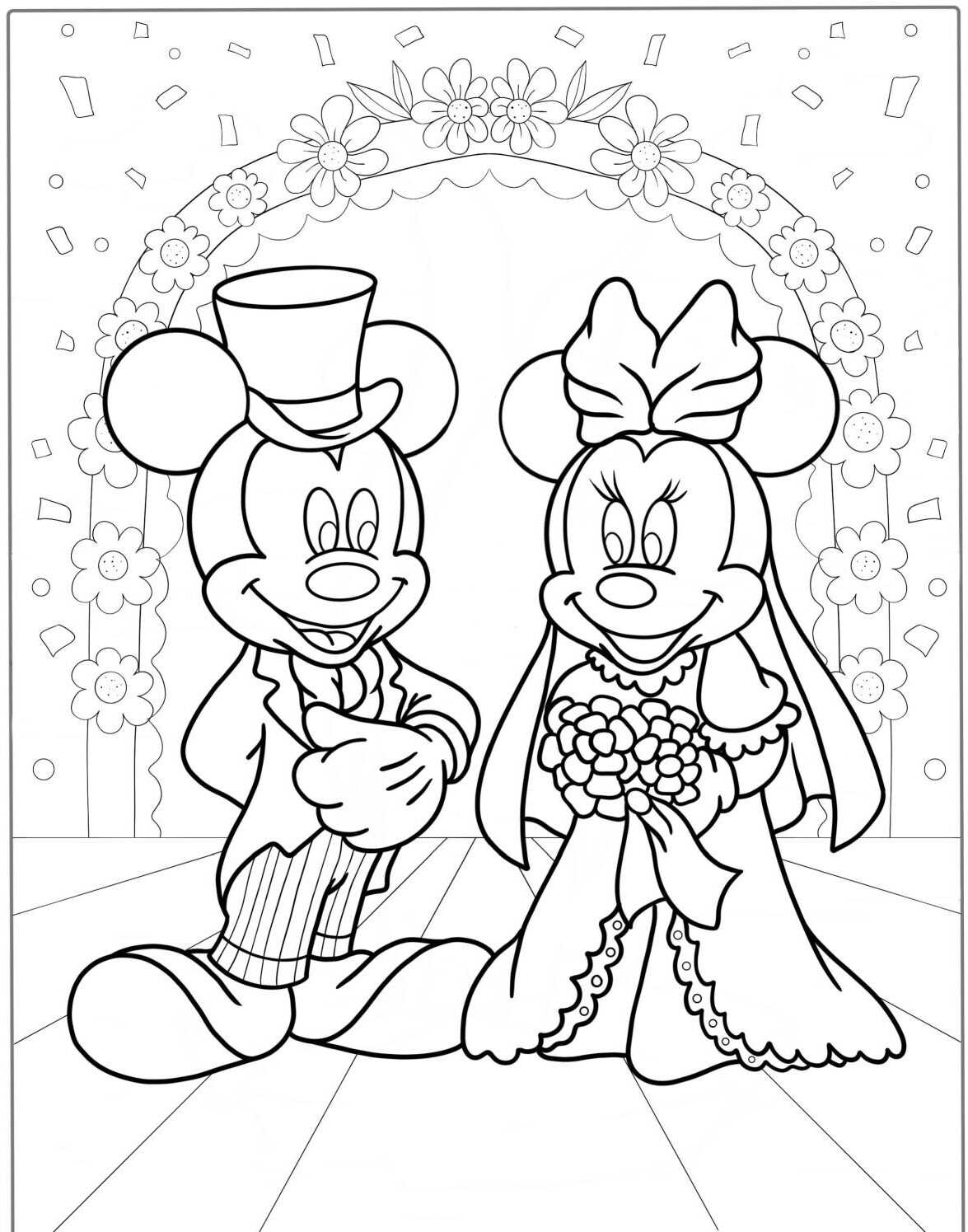Desenho da Minnie casando com Mickey para colorir