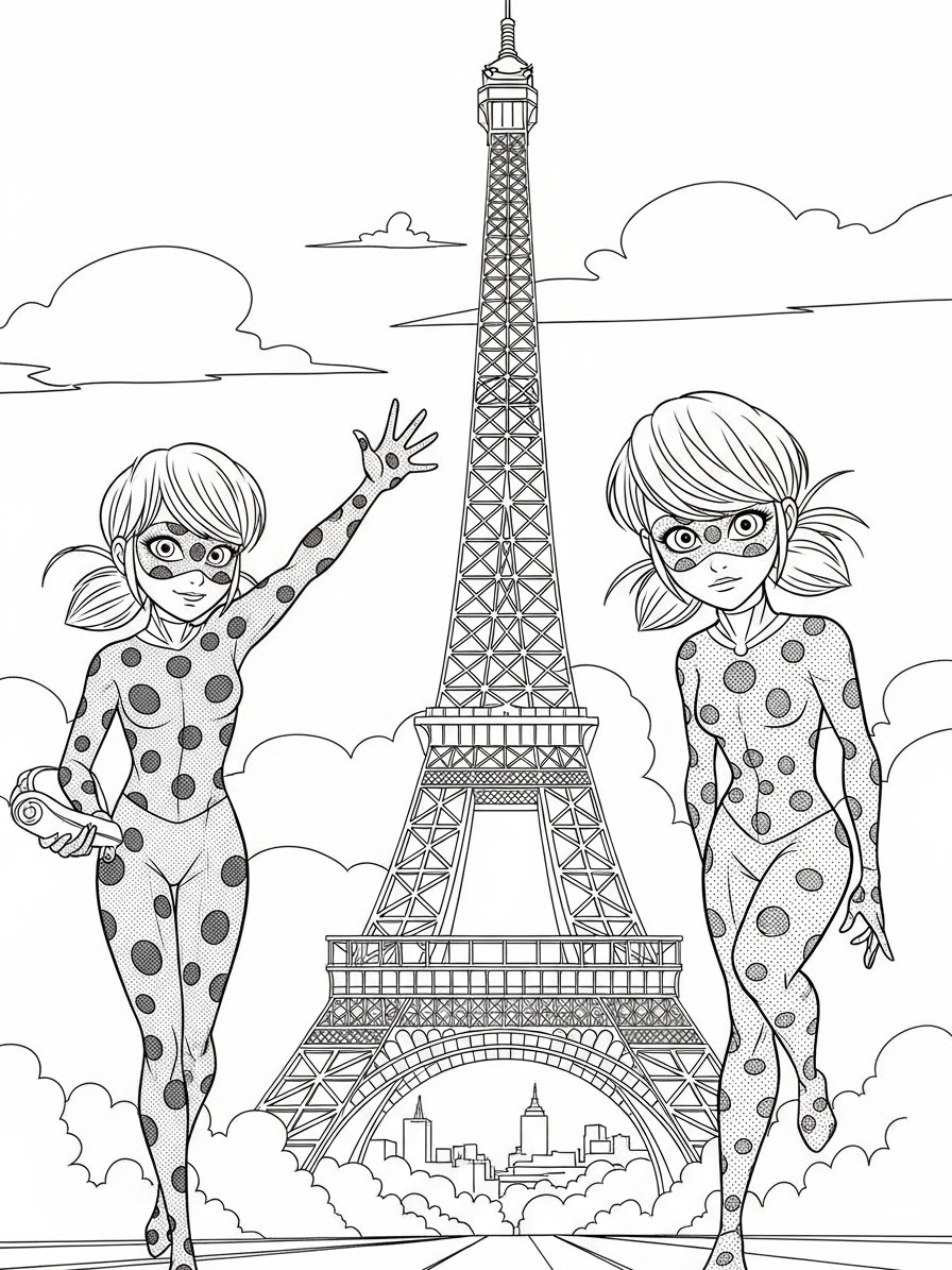 Desenho Miraculous Ladybug com Marinette e a Torre Eiffel para colorir