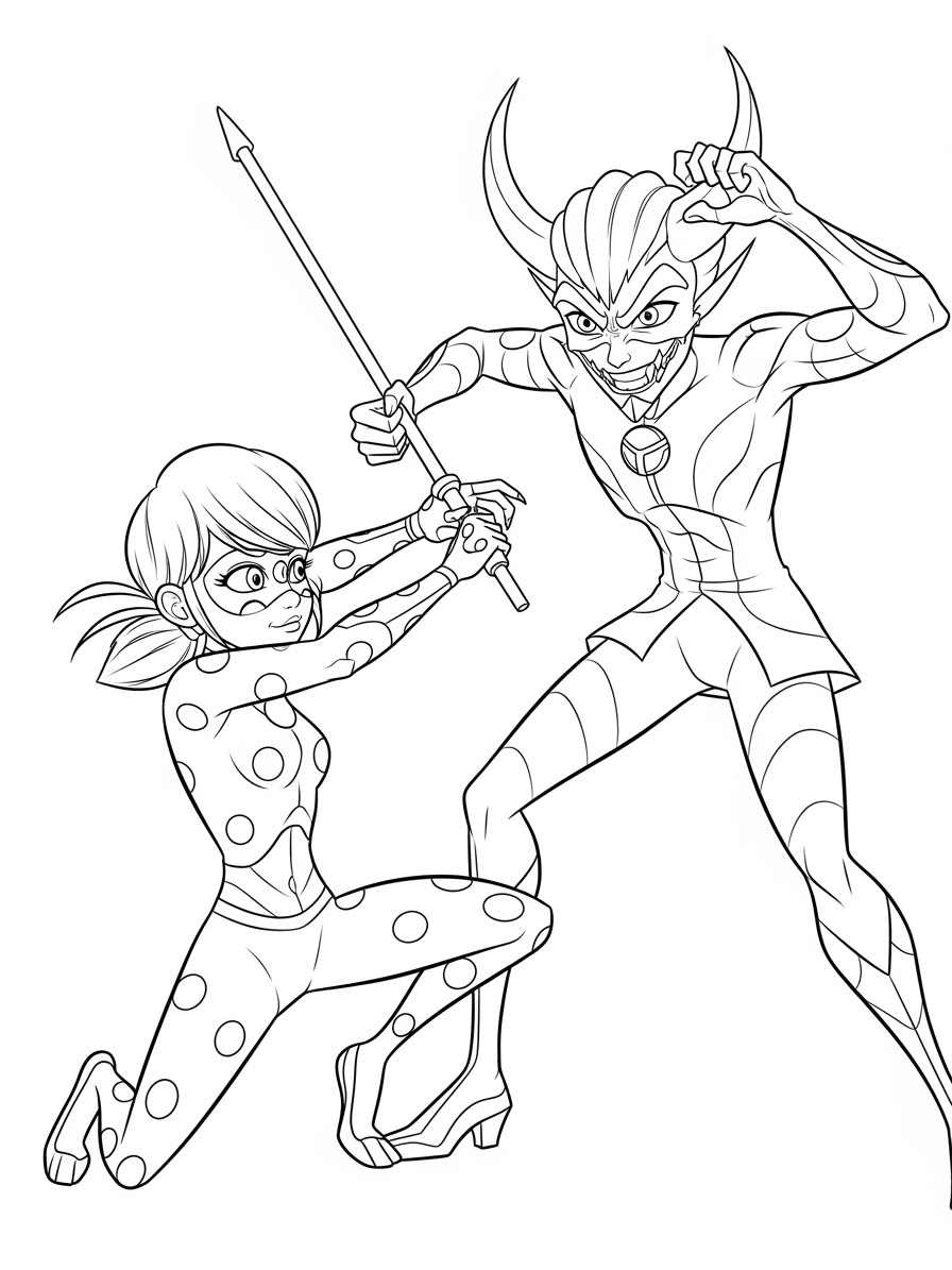 Desenho Miraculous Ladybug com Marinette e Cat Noir para colorir