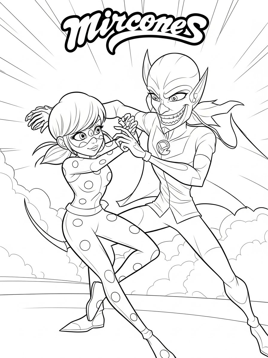 Desenho Miraculous Ladybug com Marinette e vilão para colorir