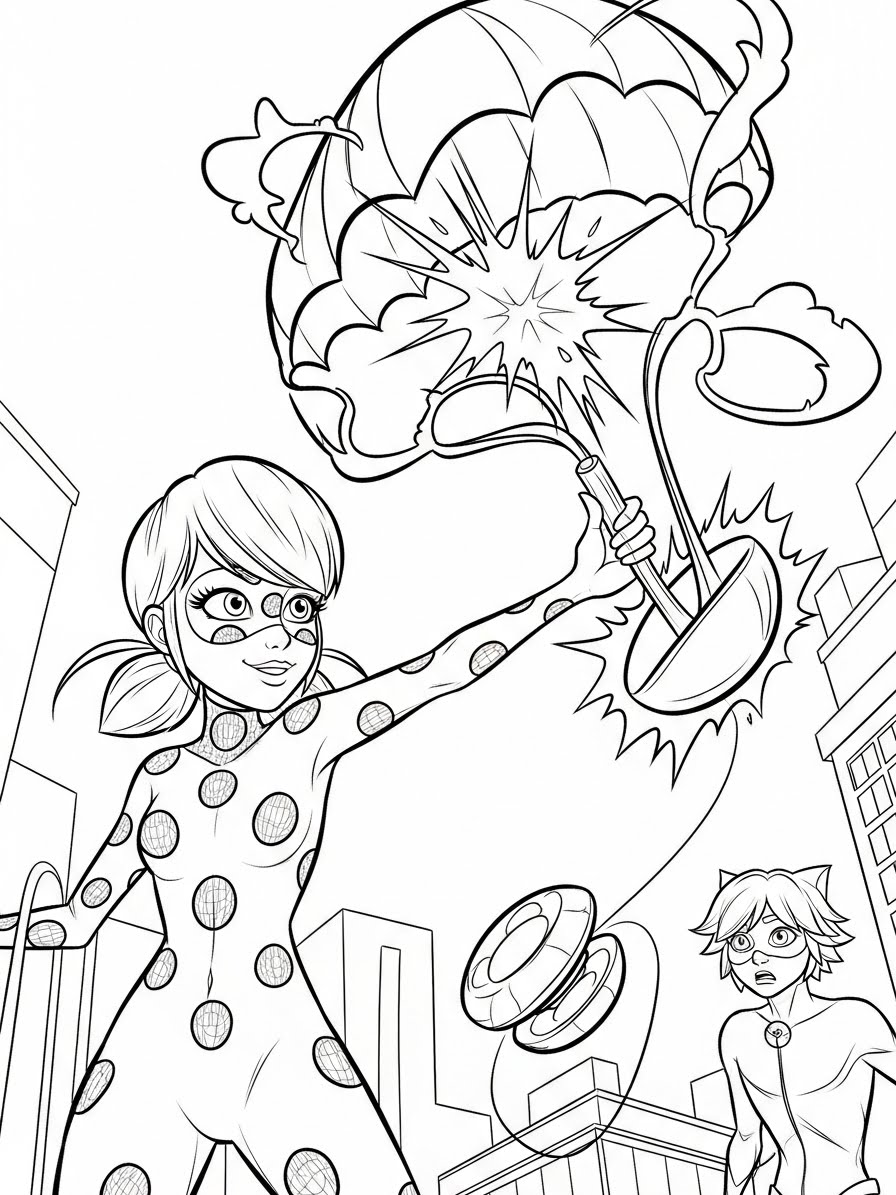 Desenho Miraculous Ladybug com Marinette e Cat Noir para colorir