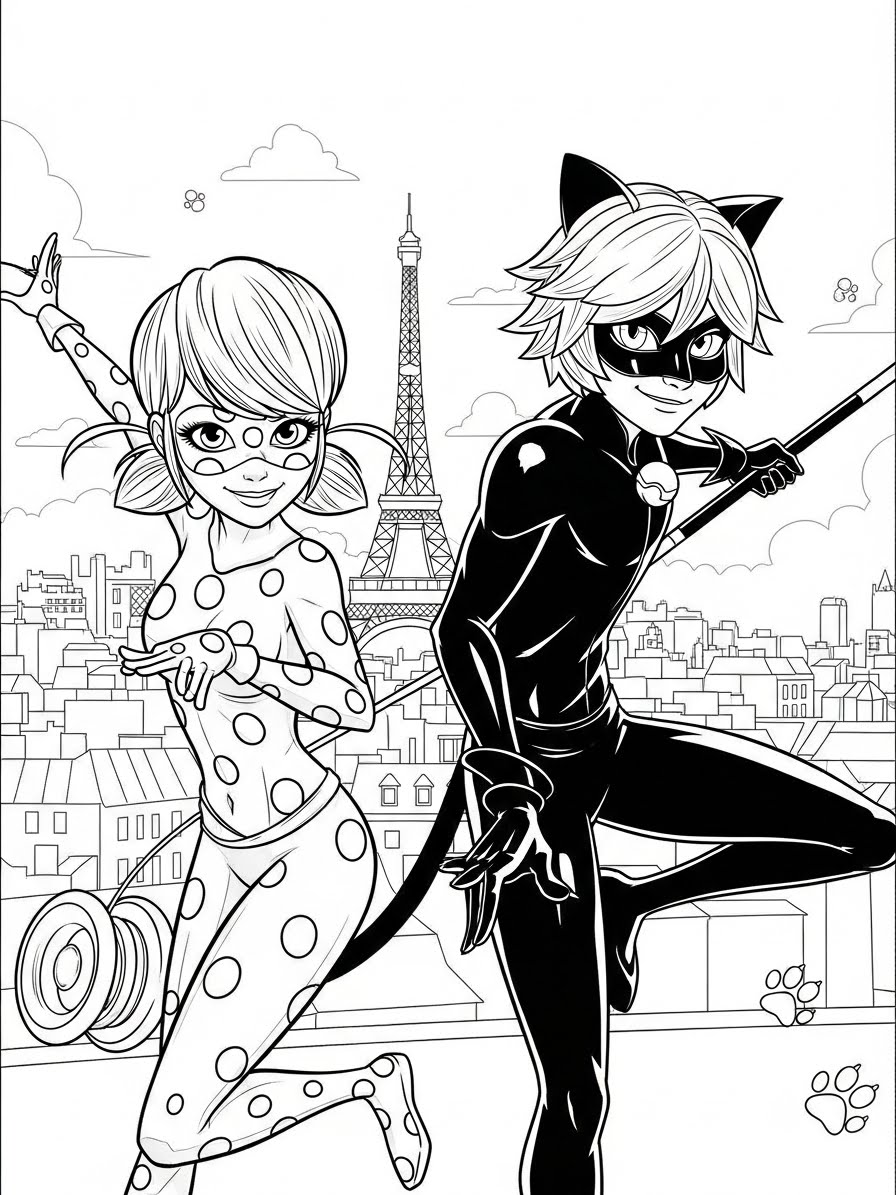 Desenho Miraculous Ladybug com Marinette e Adrien para colorir