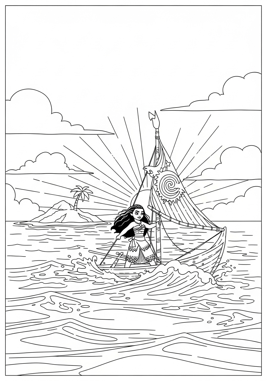 Desenho da Moana Navegando em seu barco para colorir