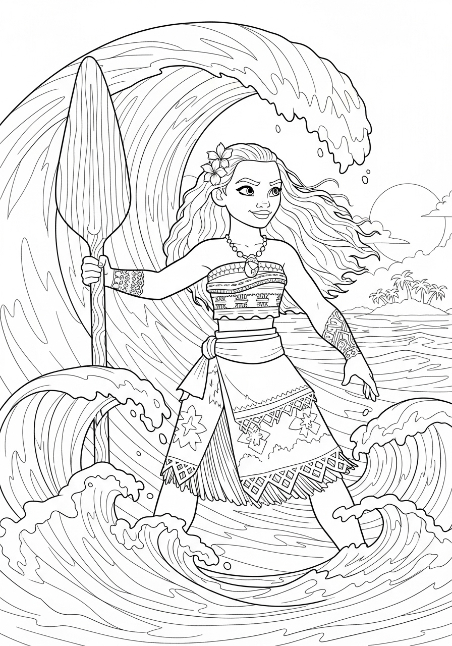 Desenho da Moana navegando em ondas para colorir