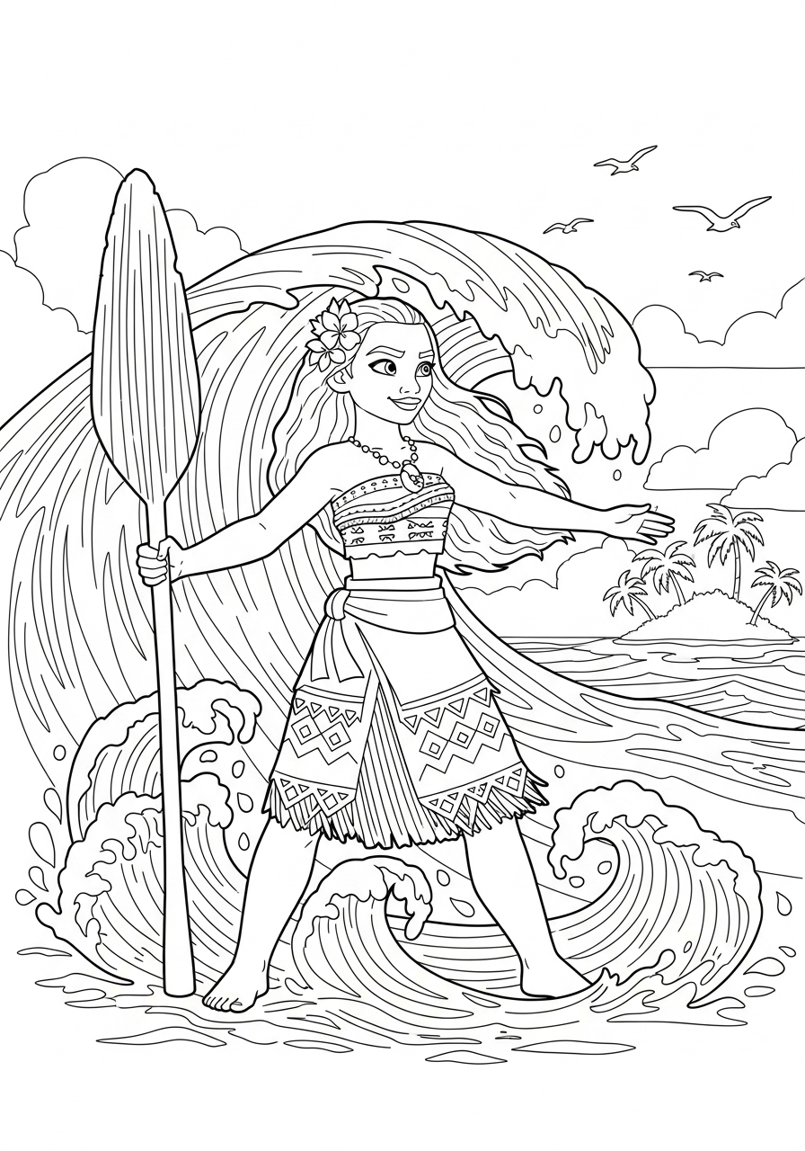 Desenho da Moana surfando em ondas para colorir