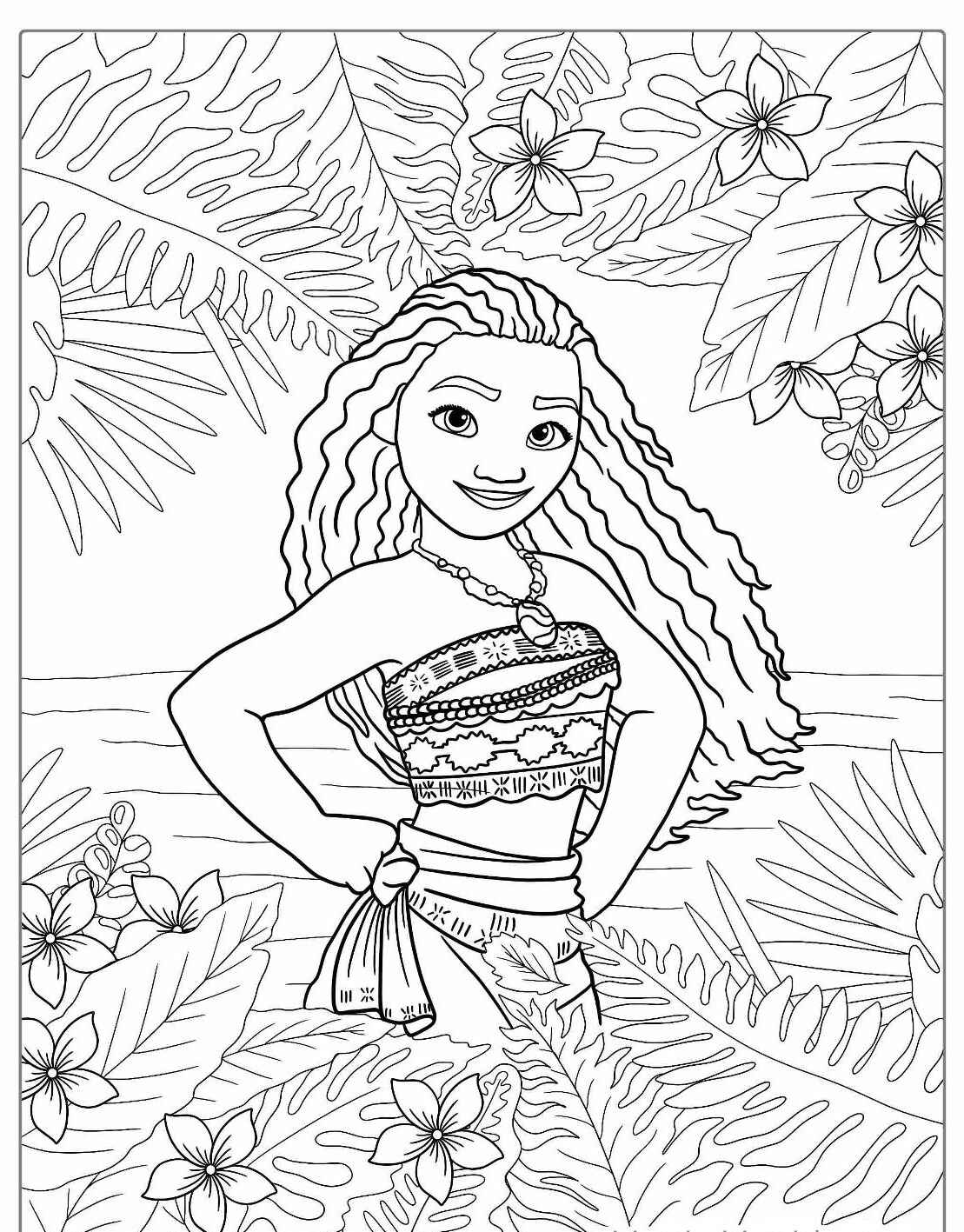 Desenho da Moana em meio à natureza para colorir