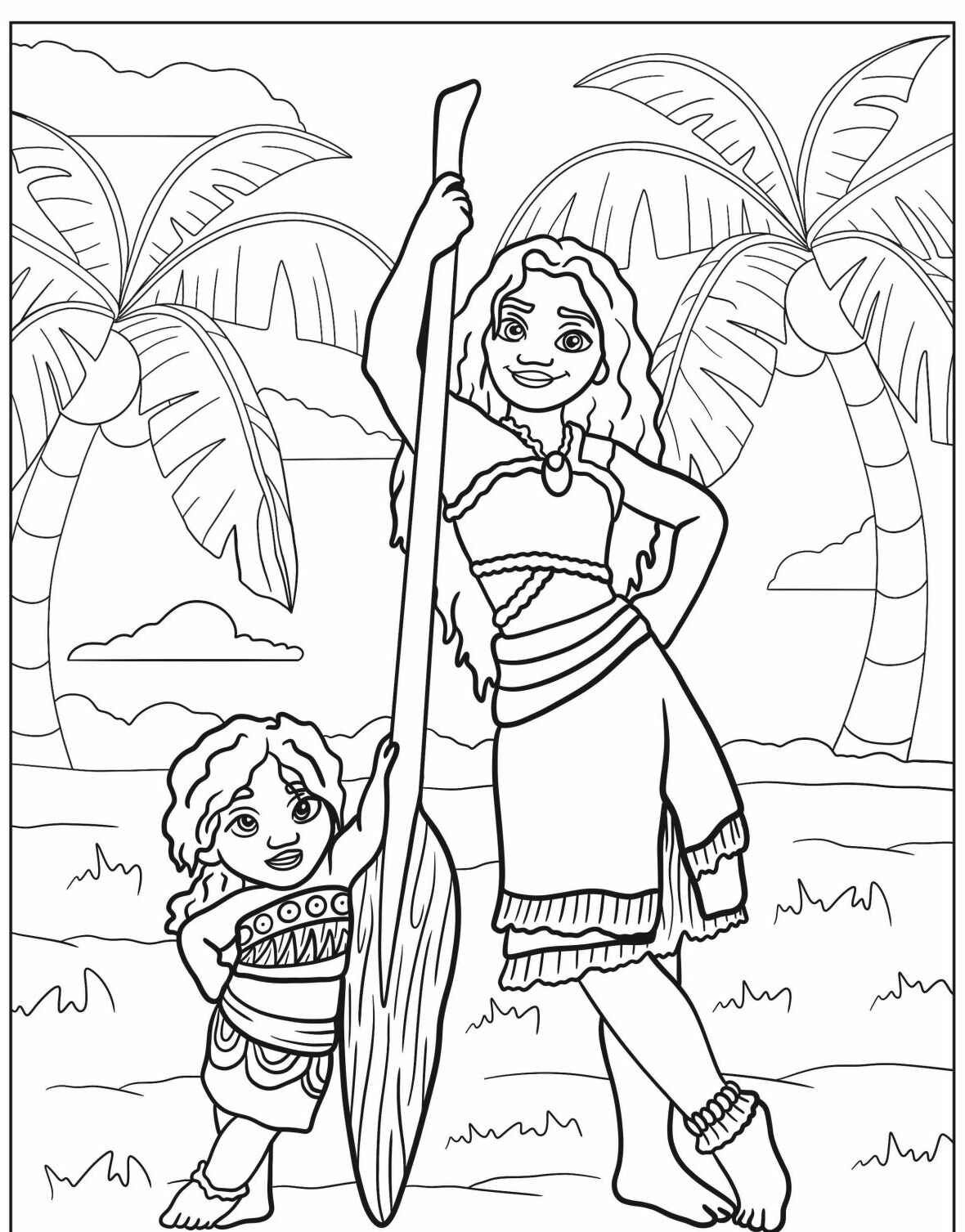 Desenho da Moana e O Pequeno Maui na praia para colorir