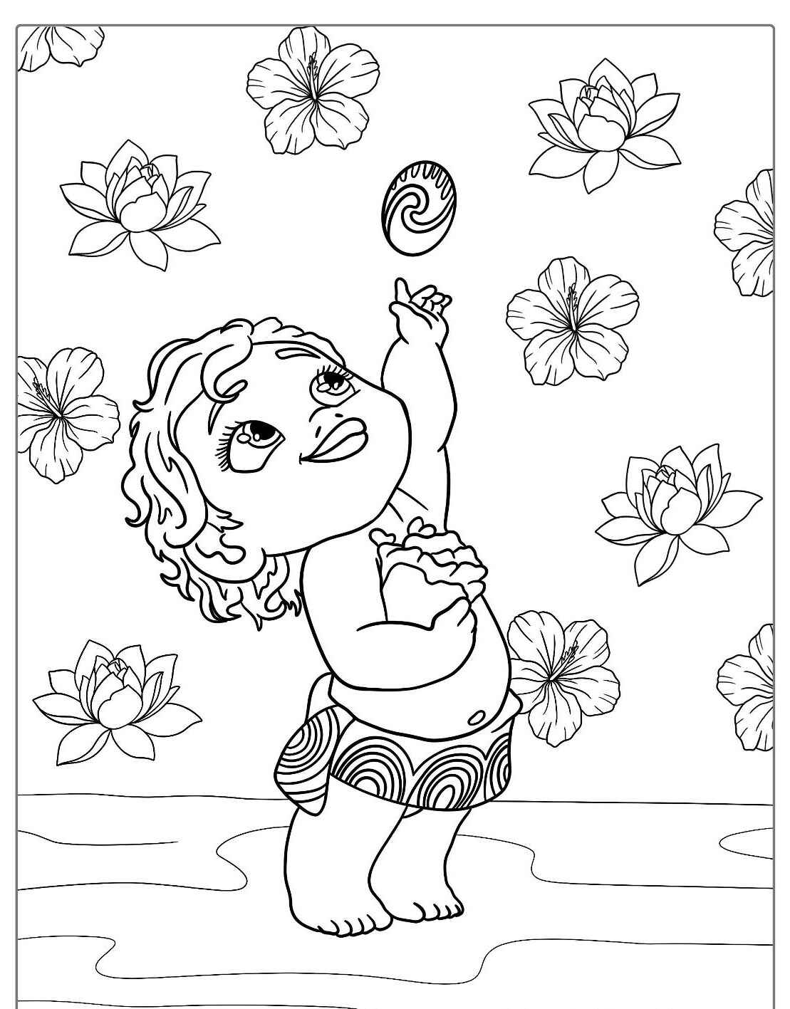 Desenho da Moana criança segurando uma concha para colorir
