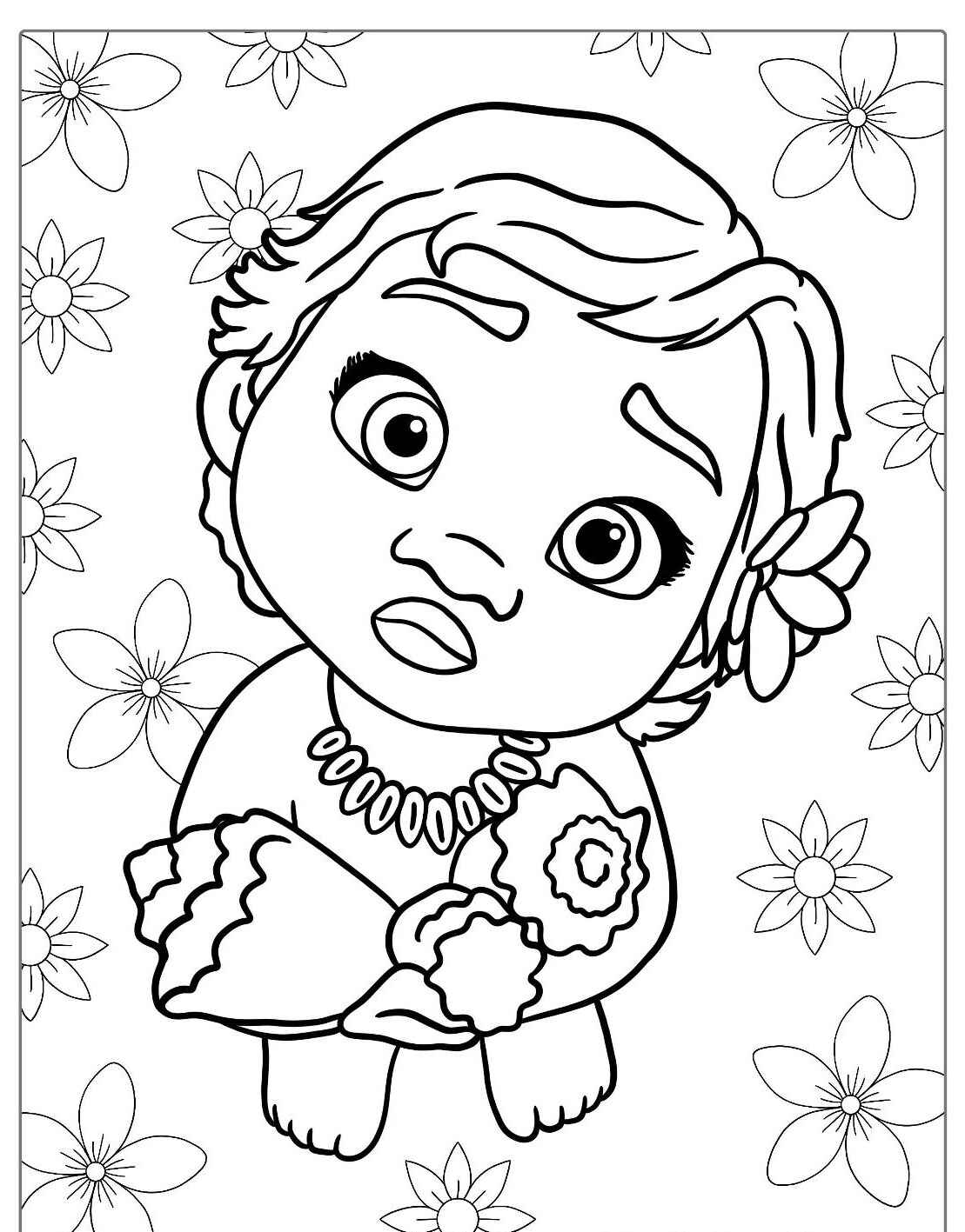 Desenho da Moana com flores segurando conchas para colorir