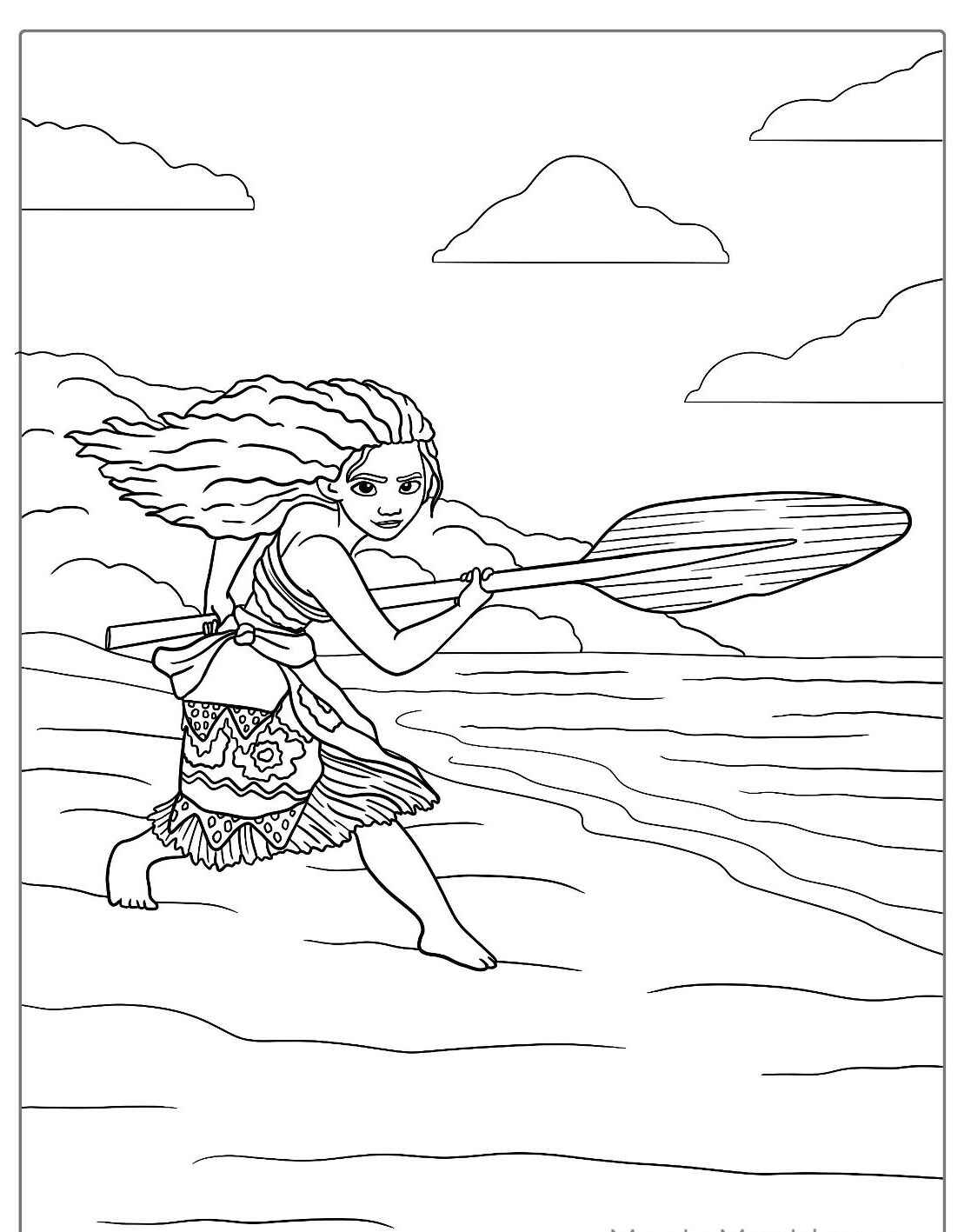Desenho da Moana correndo com remo na praia para colorir