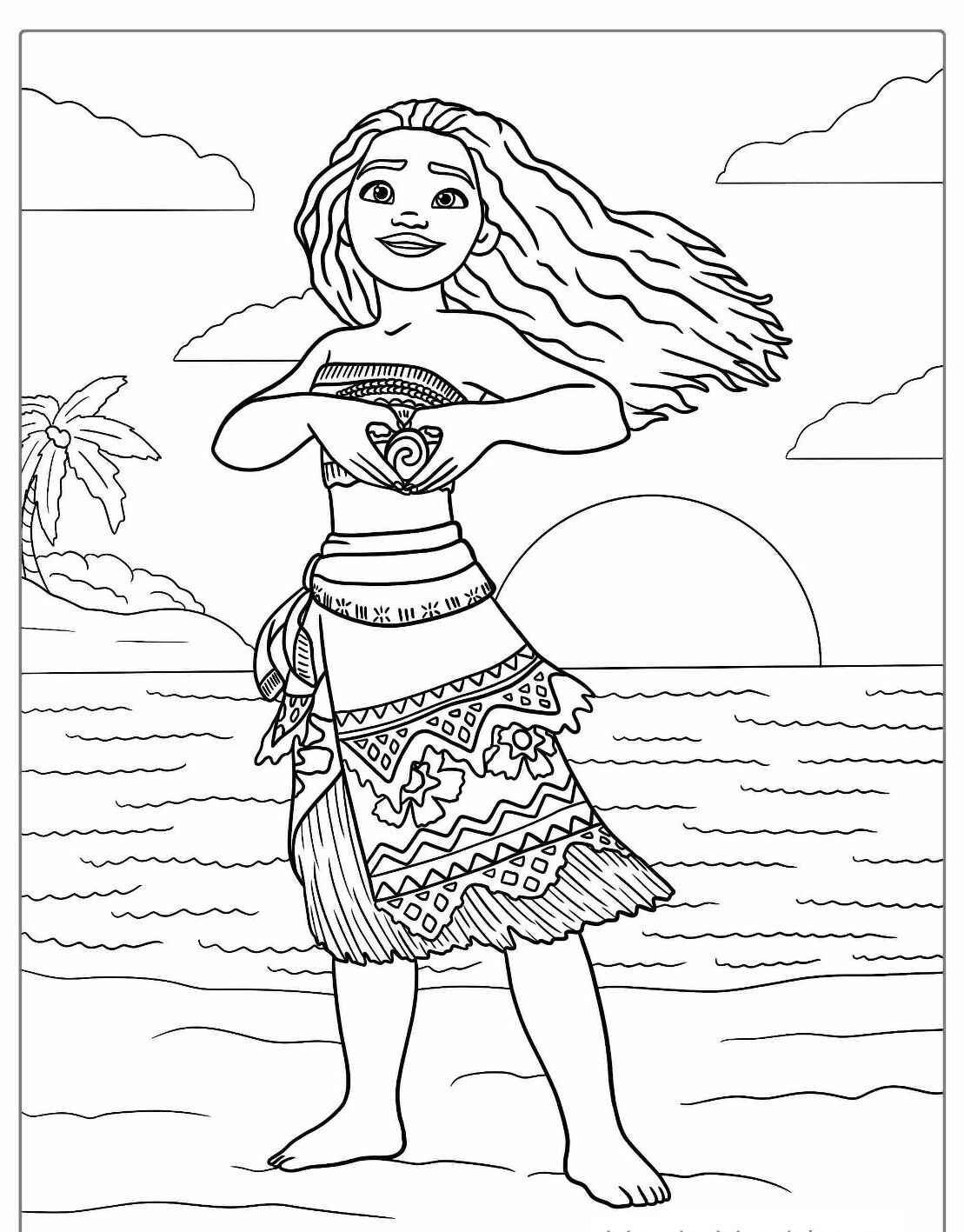 Desenho da Moana mostrando seu colar para colorir